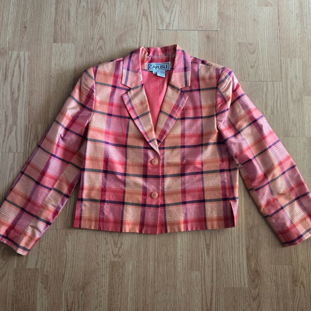 Carlisle 100% Silk Plaid‎ Blazer Cropped Jacket Size 6